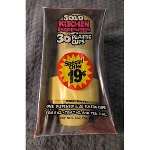 Vintage Solo Kitchen Dispenser w/30 Plastic Cups 5-7-9 Oz 1972 NOS NEW MCM